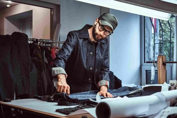 Tailor working with denim fabric at a workbench