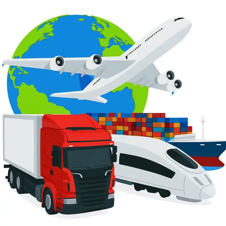 Global logistics shipping methods showcasing airplane, cargo ship, freight train and semi-truck